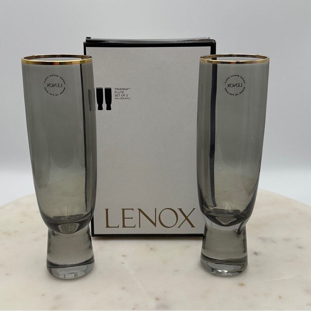 NWT Lenox Trianna Slate Flute Glasses Crystal Set of 2 Poland W/ Gift Box